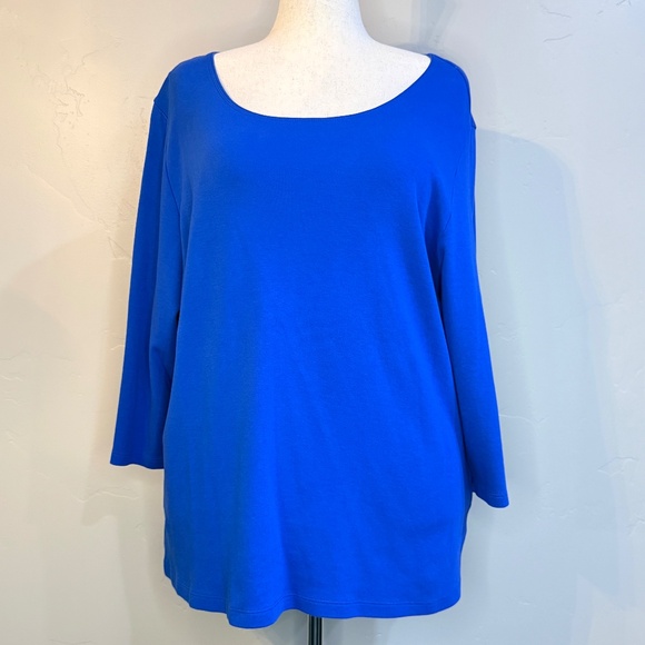 🌻 Plus Size Karen Scott 3X Cotton Scoop-Neck Top 3/4 Sleeves — Royal Blue - Picture 1 of 7